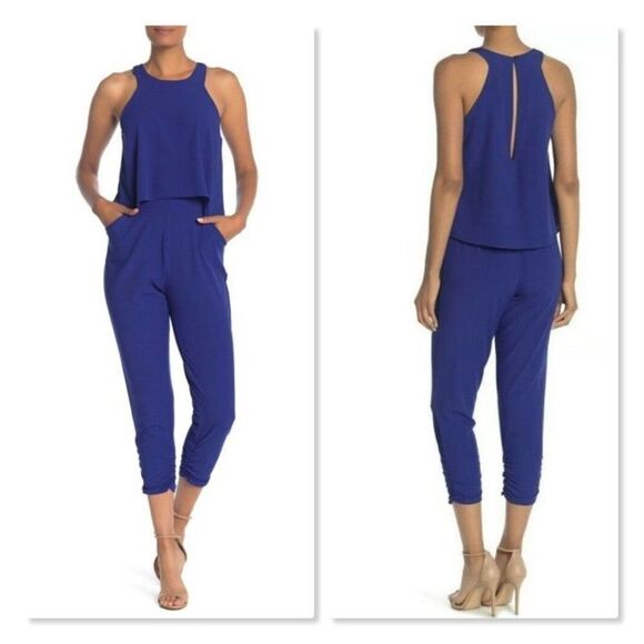 Love...Ady | Popover Shirred Leg Jumpsuit size XS in Blue - NEW - Picture 1 of 11